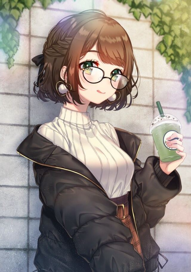 Nữ sinh Anime đeo kính uống trà sữa